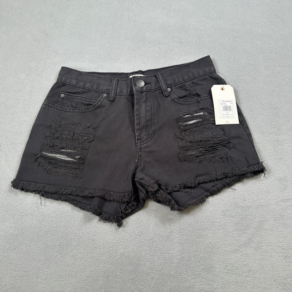 Billabong Denim Shorts Women 24 Drift Away Black Distressed Raw Hem Frayed Denim
